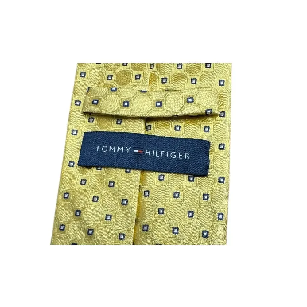 Tommy Hilfiger Extra Long Silk Tie Yellow Navy Geometric Medallion 67.5”